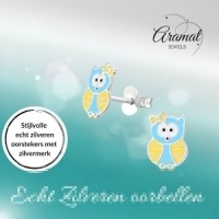 Zilveren Uiltjes Oorbellen - Blauw/Geel Emaille - Unisex