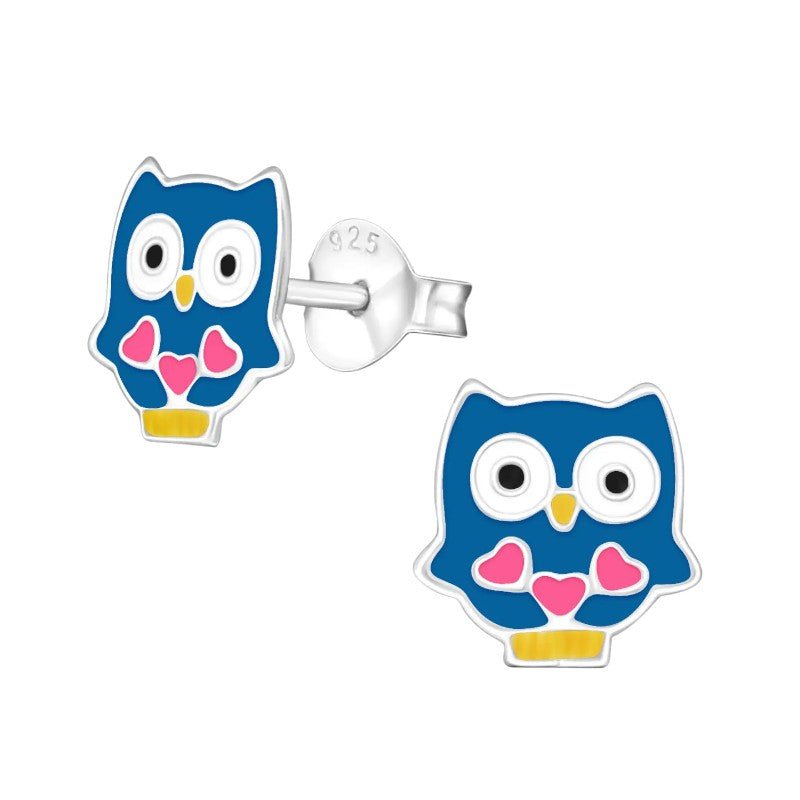 Schattige Zilveren Uiltjes Oorbellen - Blauw Emaille - Vrolijk -