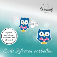 Schattige Zilveren Uiltjes Oorbellen - Blauw Emaille - Vrolijk -