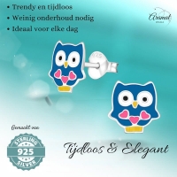 Schattige Zilveren Uiltjes Oorbellen - Blauw Emaille - Vrolijk -