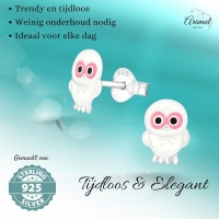 Zilveren Uiltjes Oorbellen - Wit/Roze Emaille - Cadeau -