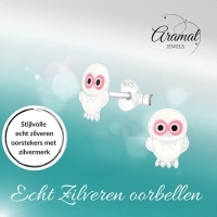 Zilveren Uiltjes Oorbellen - Wit/Roze Emaille - Cadeau -