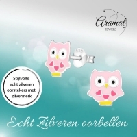 Zilveren Uiltjes Oorbellen - Roze Emaille - Cadeautje - Unisex