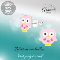 Zilveren Uiltjes Oorbellen - Roze Emaille - Cadeautje - Unisex