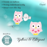 Zilveren Uiltjes Oorbellen - Roze Emaille - Cadeautje - Unisex
