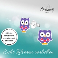 Hippe Zilveren Uiltjes Oorbellen - Paars Emaille - Cadeautip - Unisex