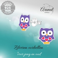 Hippe Zilveren Uiltjes Oorbellen - Paars Emaille - Cadeautip - Unisex