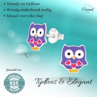 Hippe Zilveren Uiltjes Oorbellen - Paars Emaille - Cadeautip - Unisex