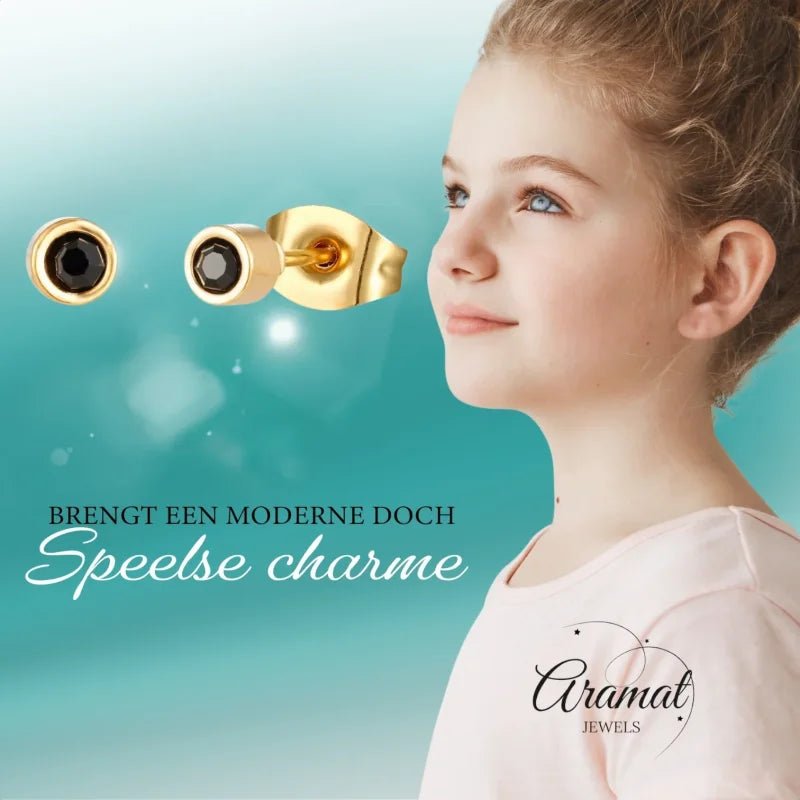 Ronde Zwarte Kristal Oorbellen vanaf 3mm &acirc;&euro;&ldquo; Tijdloos in RVS - Goudkleur -