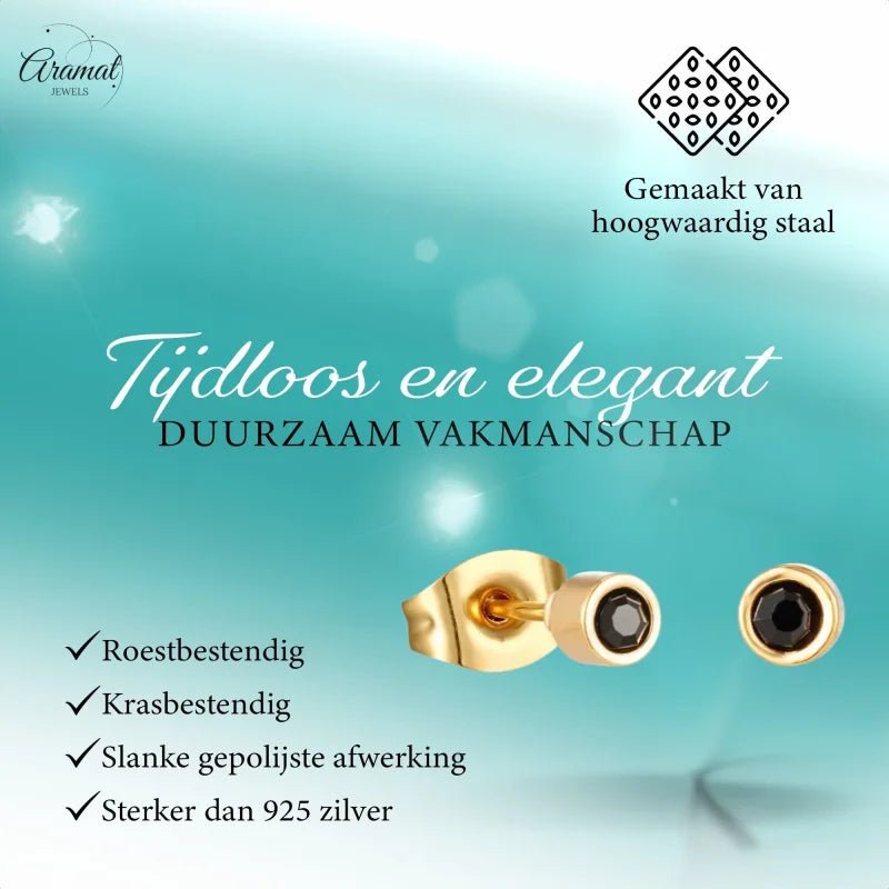 Ronde Zwarte Kristal Oorbellen vanaf 3mm &acirc;&euro;&ldquo; Tijdloos in RVS - Goudkleur -