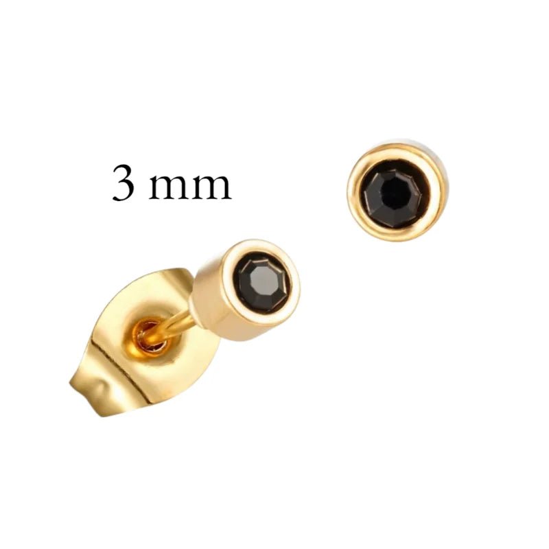 Ronde Zwarte Kristal Oorbellen vanaf 3mm &acirc;&euro;&ldquo; Tijdloos in RVS - Goudkleur -