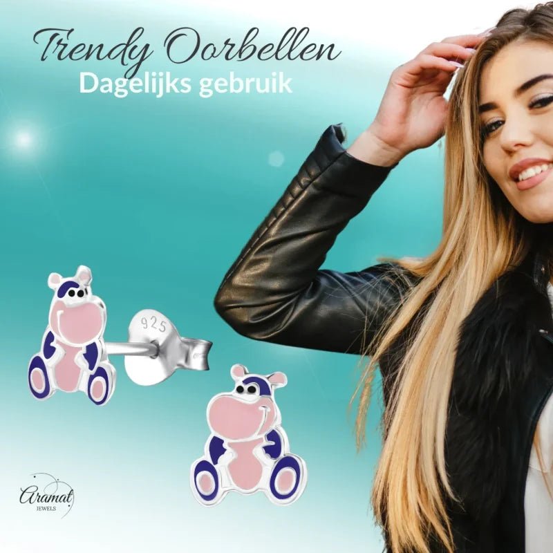 Paars Nijlpaard Oorbellen 7x8mm &acirc;&euro;&ldquo; Vrolijk Cadeautje -
