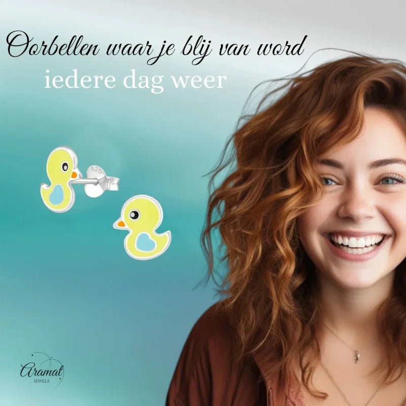 Schattige Eendje Oorbellen 9x8mm &acirc;&euro;&ldquo; Geel Emaille -