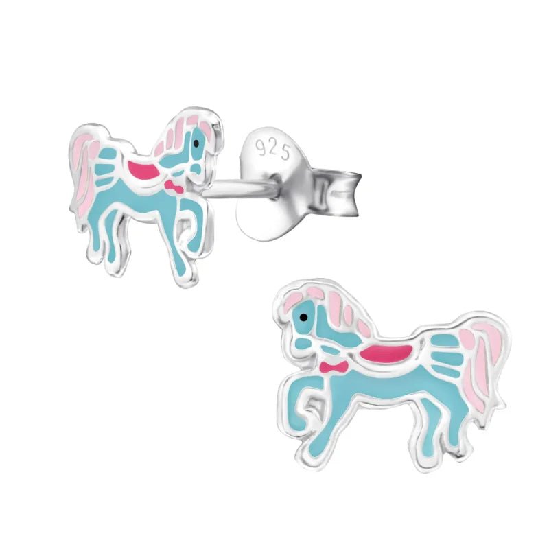 Pony Oorbellen 9x7mm - Licht Blauw, Roze & wit -
