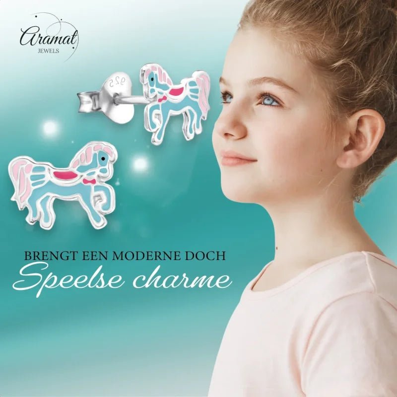 Pony Oorbellen 9x7mm - Licht Blauw, Roze & wit -
