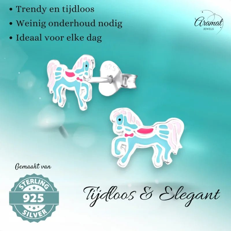 Pony Oorbellen 9x7mm - Licht Blauw, Roze & wit -