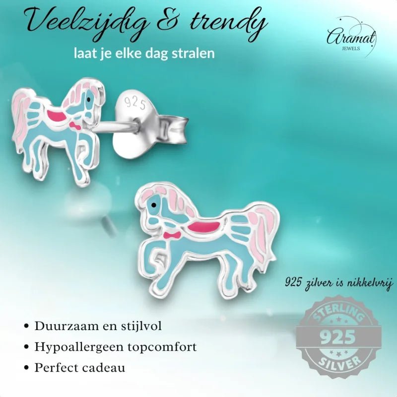 Pony Oorbellen 9x7mm - Licht Blauw, Roze & wit -