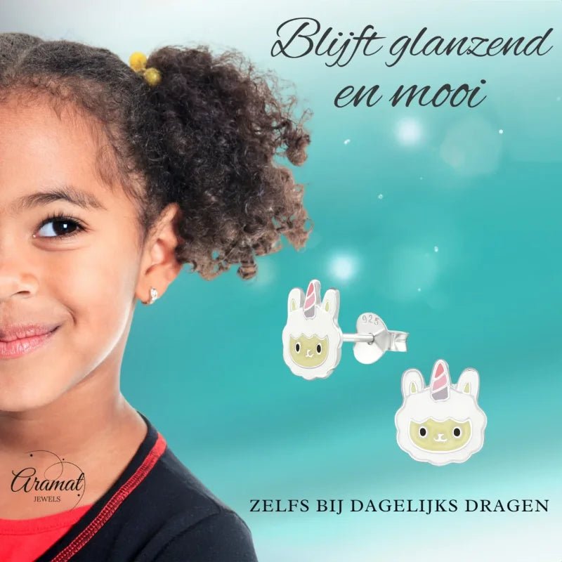 Zilveren Schaap Oorbellen - Wit en Beige Emaille -