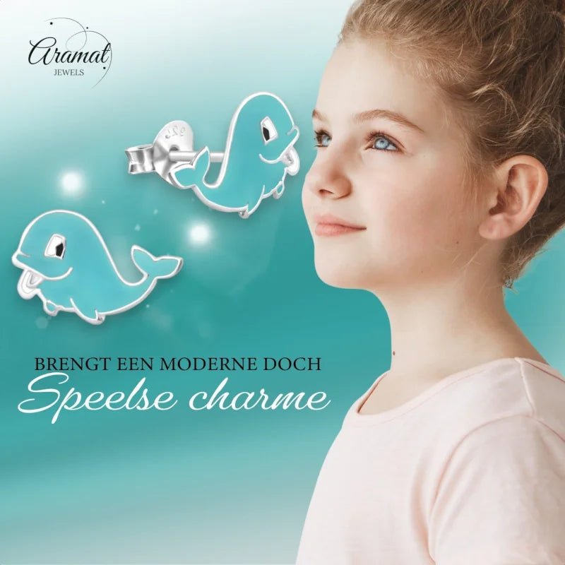 Zilveren Walvis Oorbellen - Blauw Emaille -