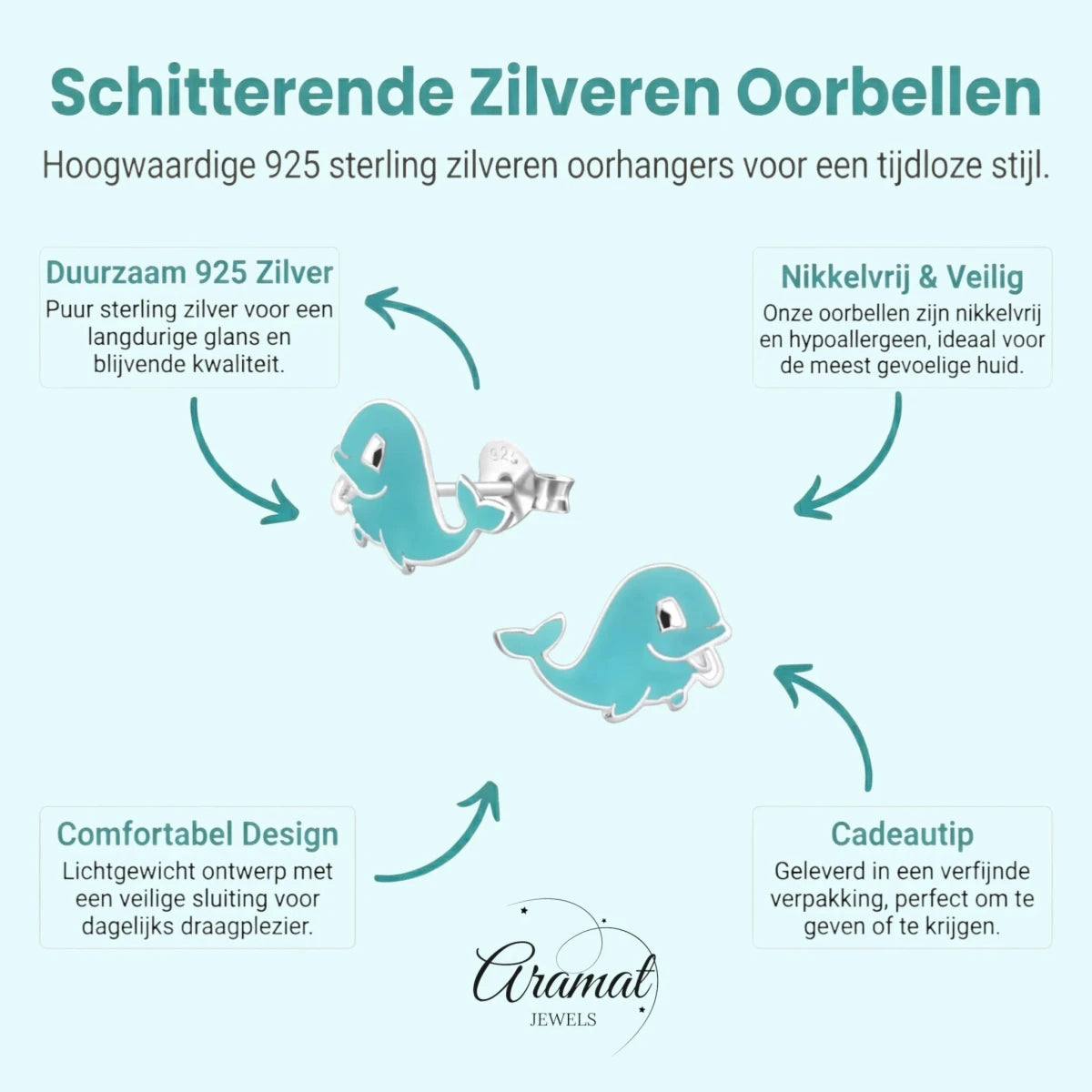 Zilveren Walvis Oorbellen - Blauw Emaille -
