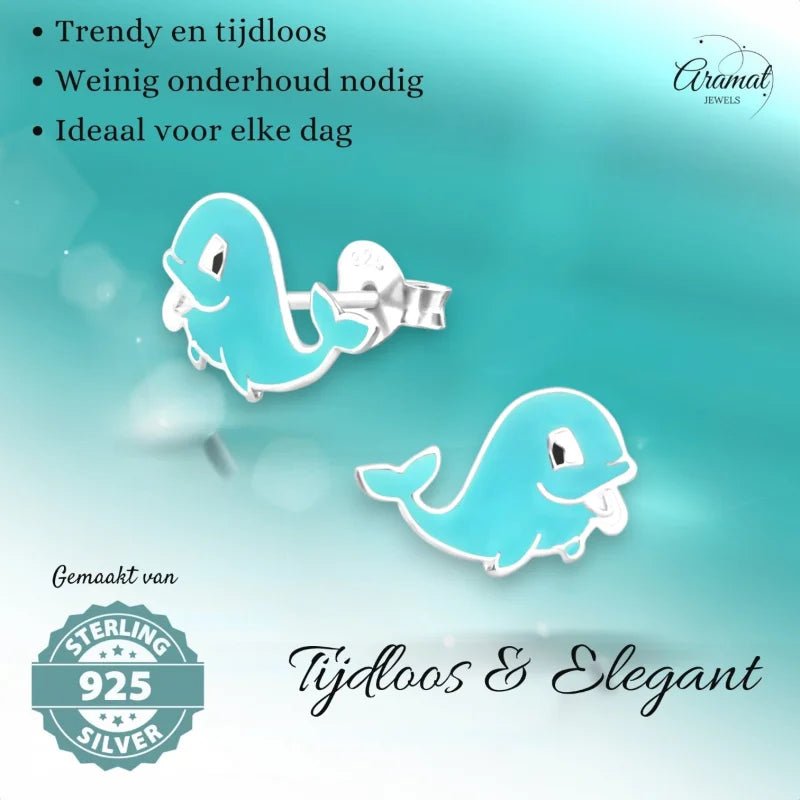 Zilveren Walvis Oorbellen - Blauw Emaille -