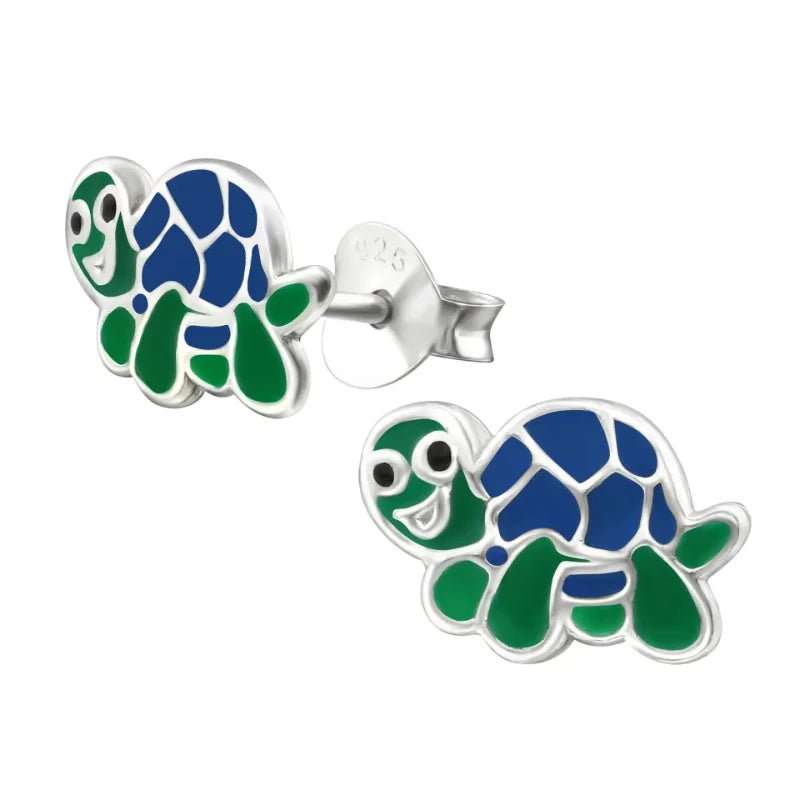 Zilveren Schildpad Oorbellen - Groen en Blauw Emaille - Unisex