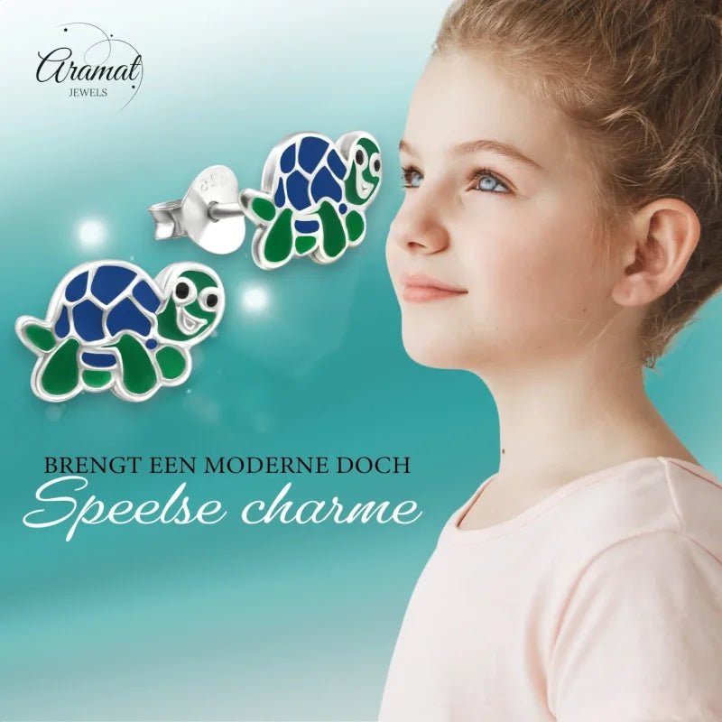 Zilveren Schildpad Oorbellen - Groen en Blauw Emaille - Unisex