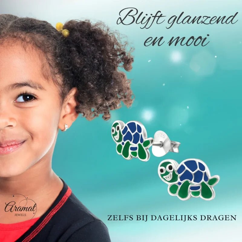 Zilveren Schildpad Oorbellen - Groen en Blauw Emaille - Unisex