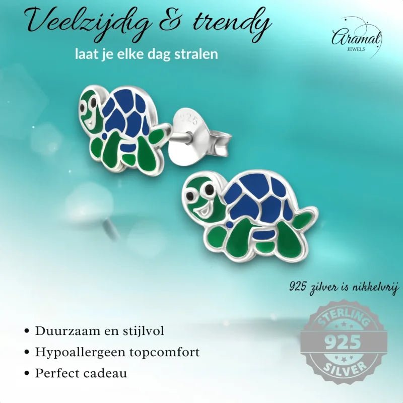 Zilveren Schildpad Oorbellen - Groen en Blauw Emaille - Unisex