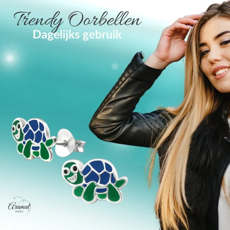 Zilveren Schildpad Oorbellen - Groen en Blauw Emaille - Unisex