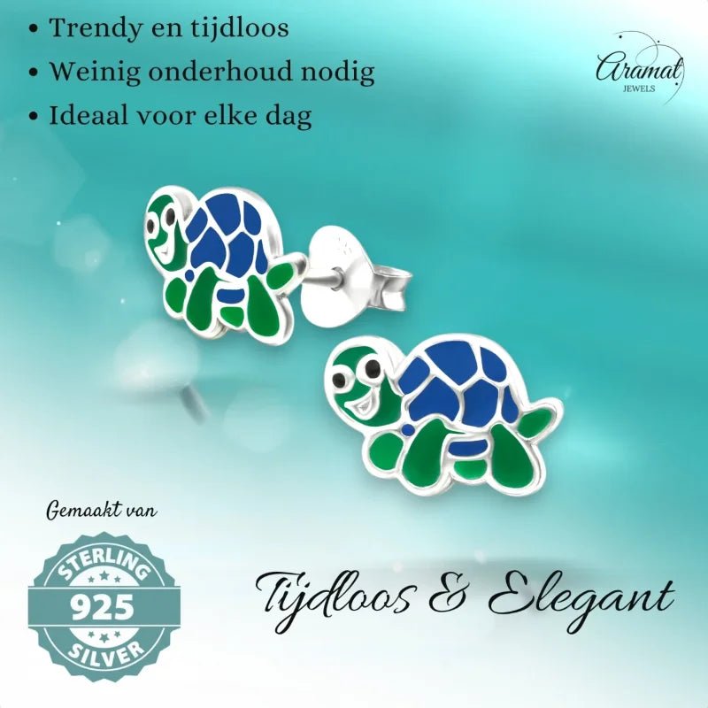 Zilveren Schildpad Oorbellen - Groen en Blauw Emaille - Unisex