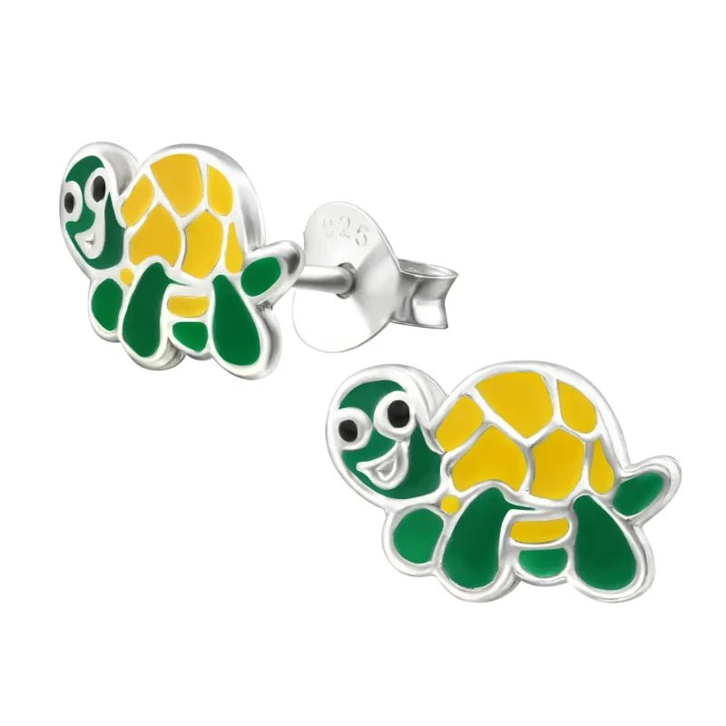 Zilveren Schildpad Oorbellen - Groen en Geel Emaille - Unisex