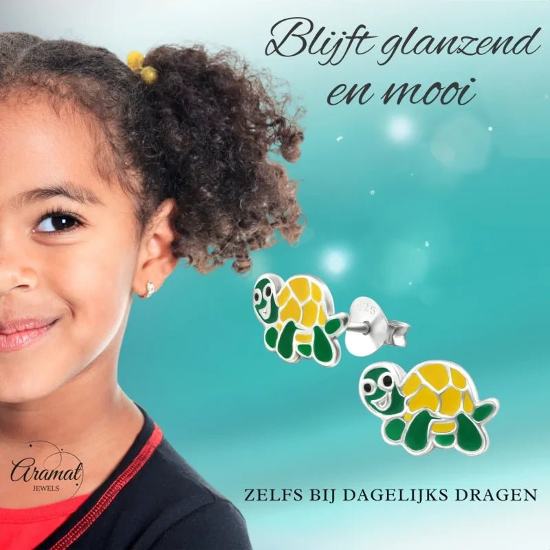 Zilveren Schildpad Oorbellen - Groen en Geel Emaille - Unisex