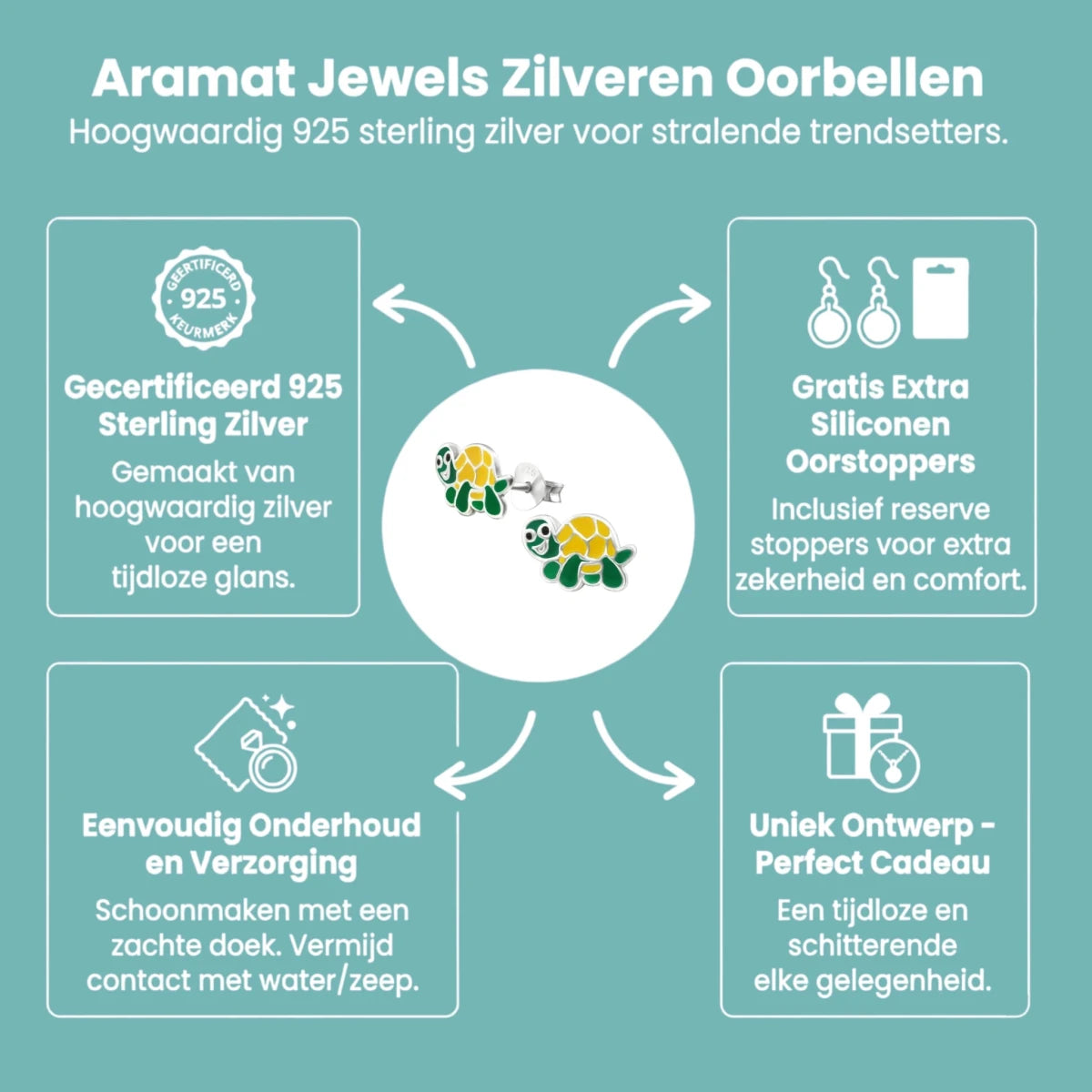 Zilveren Schildpad Oorbellen - Groen en Geel Emaille - Unisex