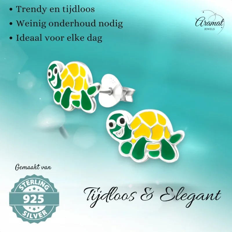 Zilveren Schildpad Oorbellen - Groen en Geel Emaille - Unisex