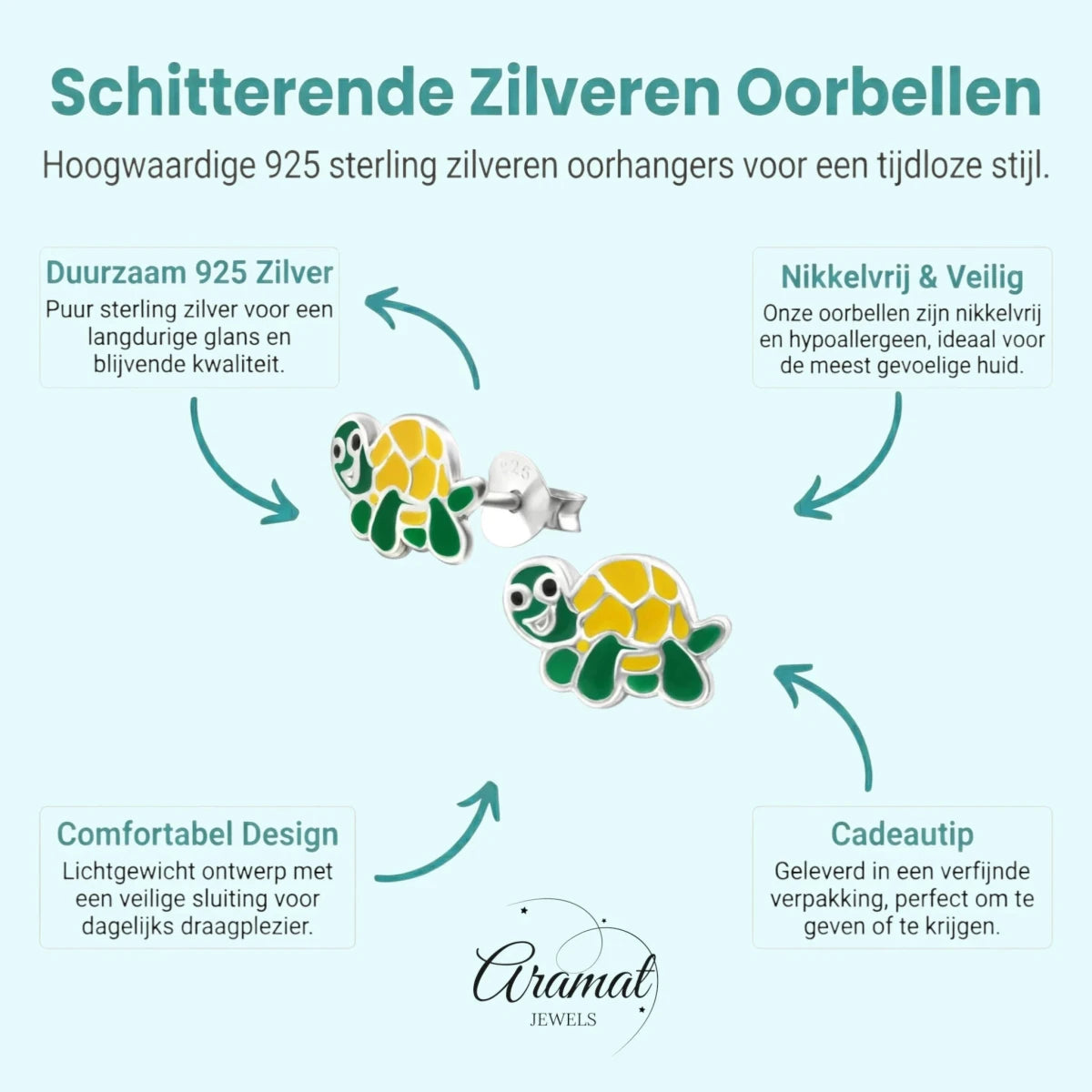 Zilveren Schildpad Oorbellen - Groen en Geel Emaille - Unisex