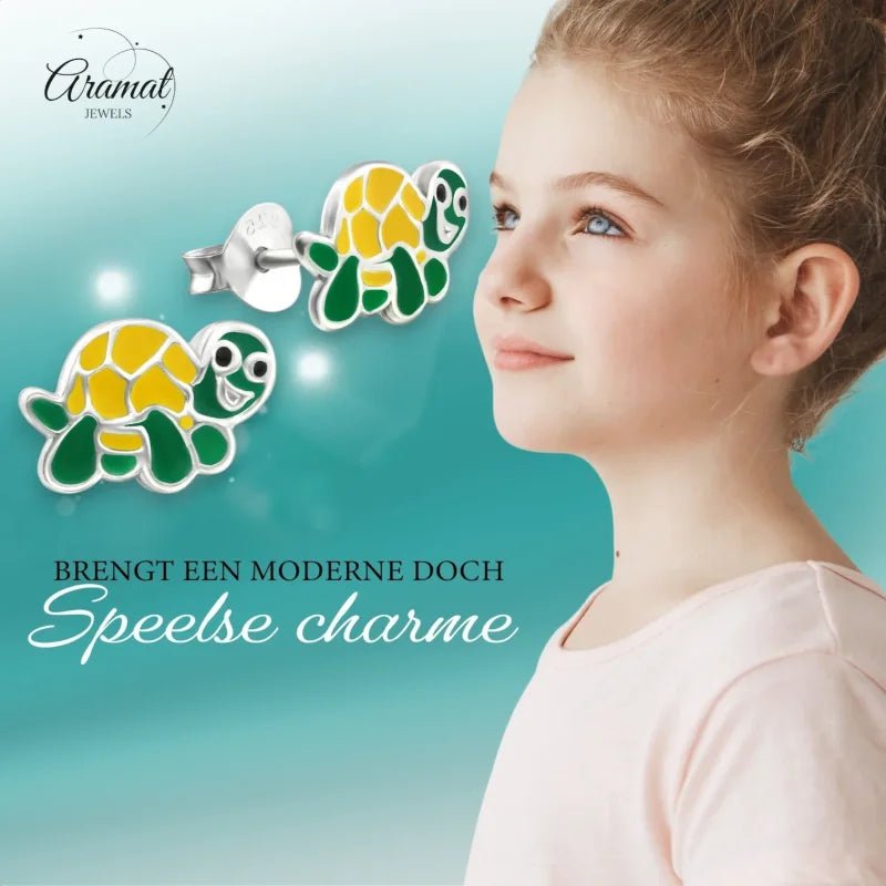 Zilveren Schildpad Oorbellen - Groen en Geel Emaille - Unisex