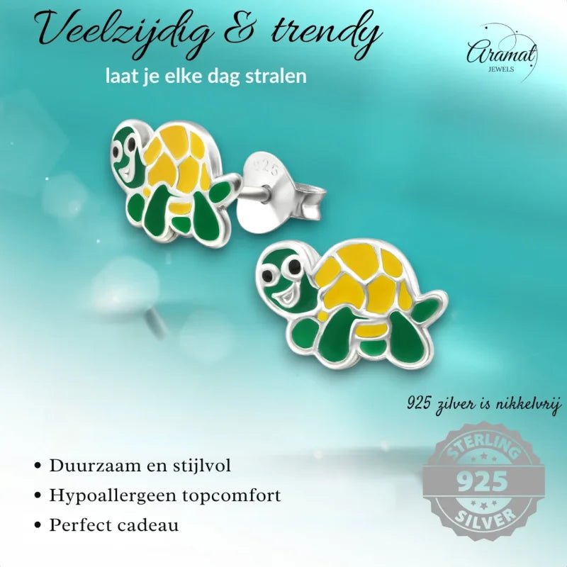 Zilveren Schildpad Oorbellen - Groen en Geel Emaille - Unisex