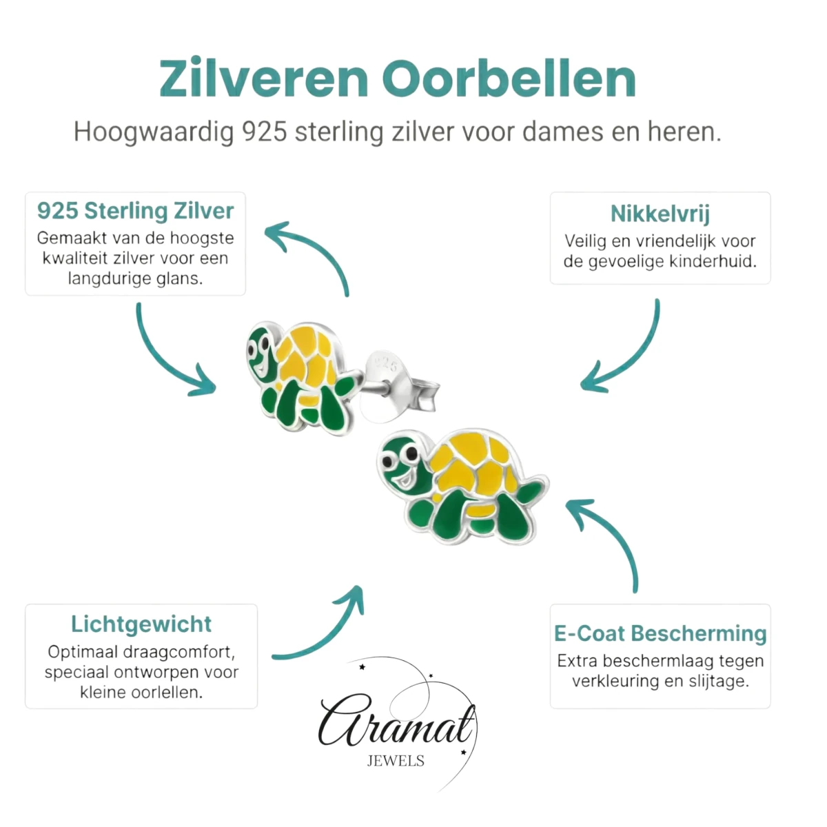 Zilveren Schildpad Oorbellen - Groen en Geel Emaille - Unisex