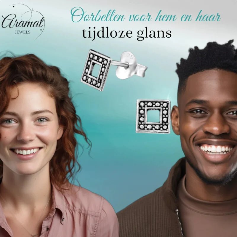 Zilveren Bali Oorbellen - Open Vierkant Geoxideerd - Unisex