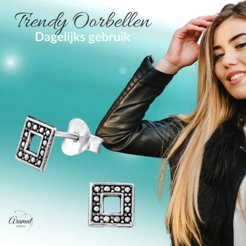Zilveren Bali Oorbellen - Open Vierkant Geoxideerd - Unisex