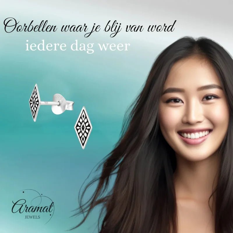 Zilveren Bali Oorbellen - Ruit Motief -