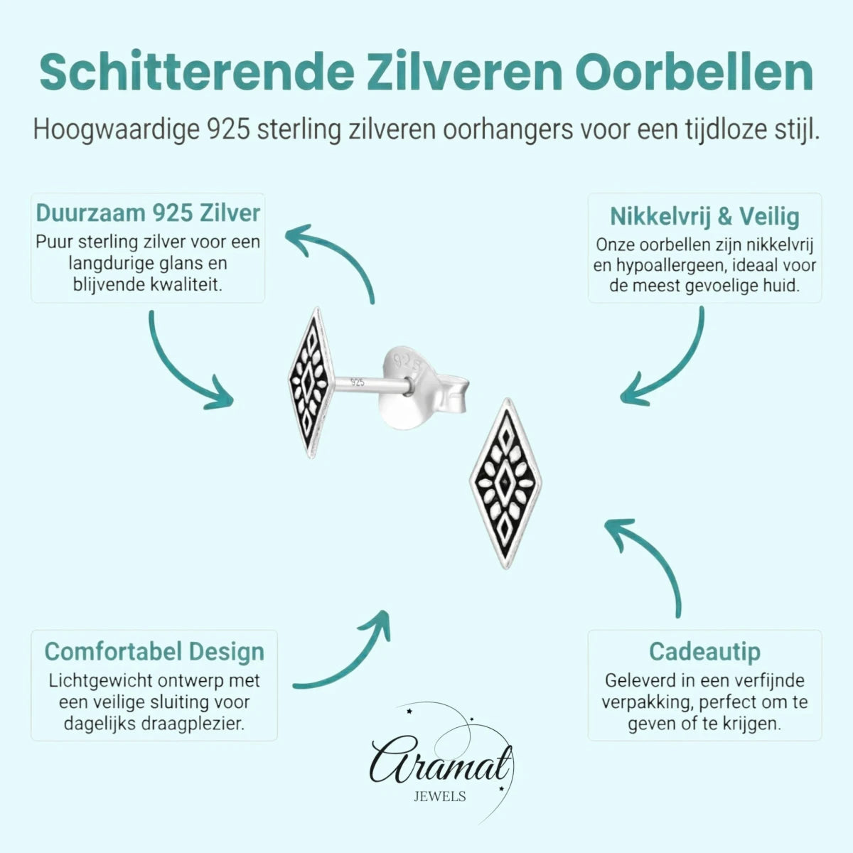Zilveren Bali Oorbellen - Ruit Motief -