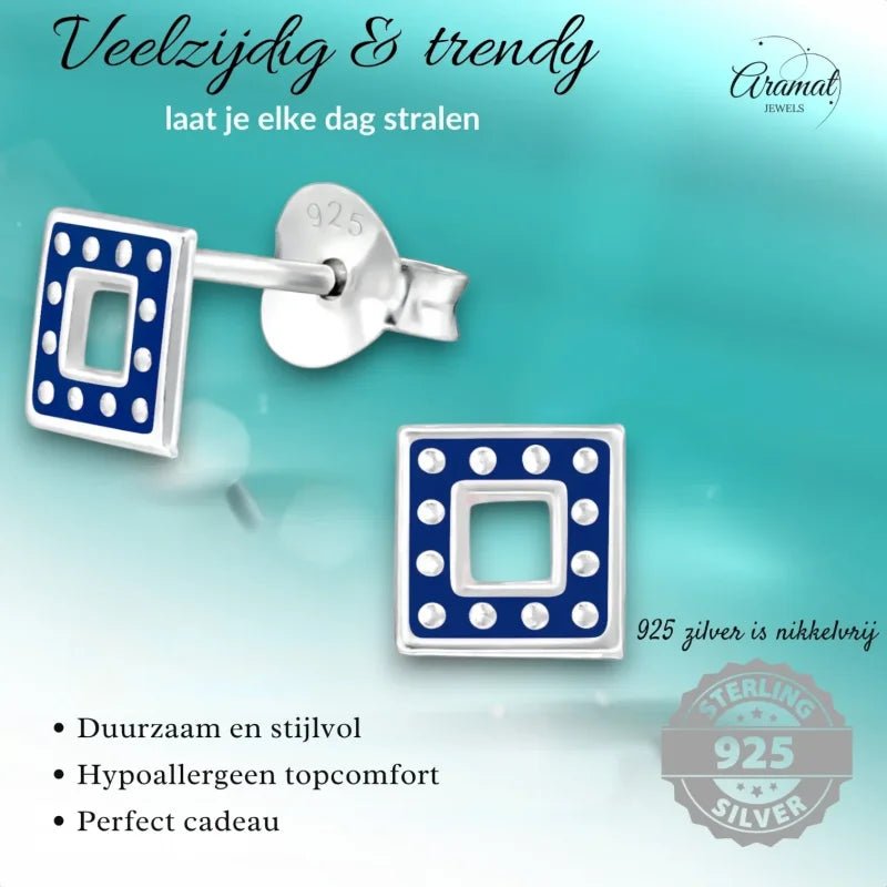Bali Oorbellen 925 Zilver - Vierkant Donker Blauw -