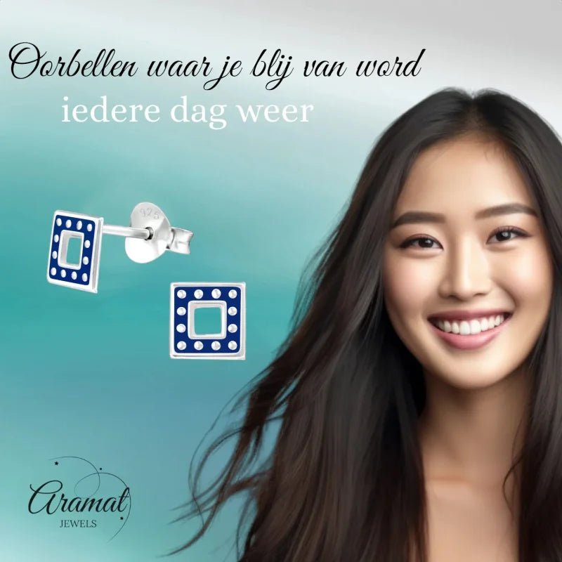 Bali Oorbellen 925 Zilver - Vierkant Donker Blauw -