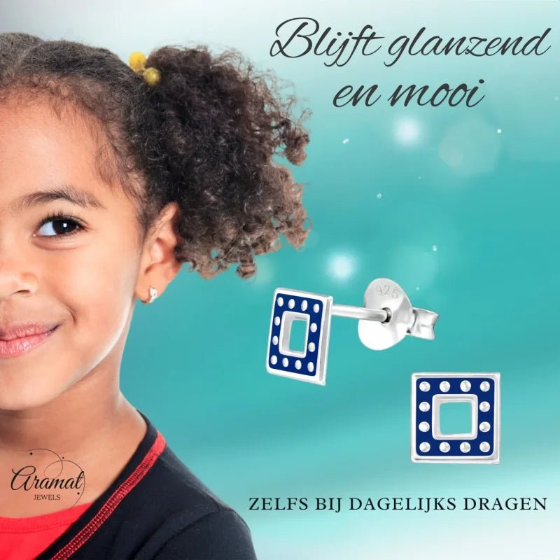 Bali Oorbellen 925 Zilver - Vierkant Donker Blauw -
