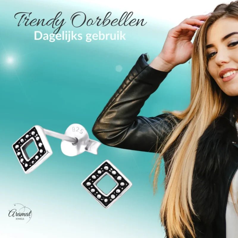 Zilveren Bali Oorbellen - Geoxideerd Ruit 5mm -