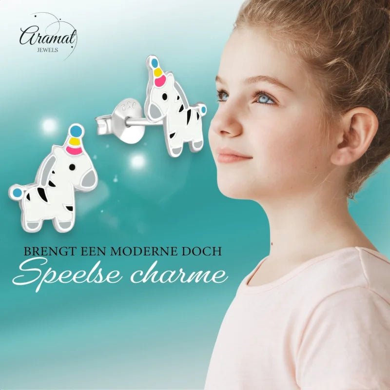 Zilveren Zebra Oorbellen - Feestmuts Emaille -