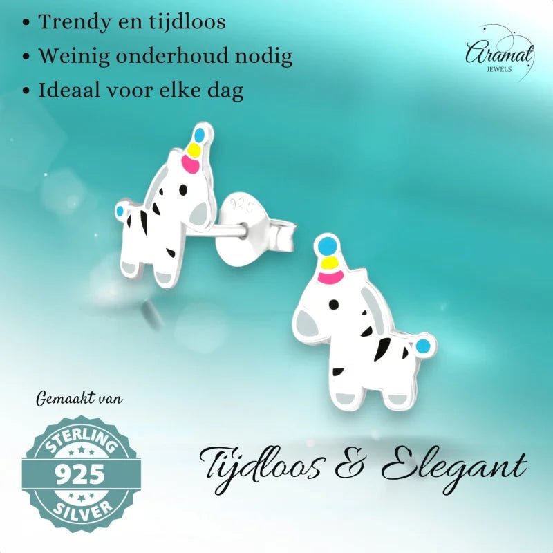 Zilveren Zebra Oorbellen - Feestmuts Emaille -