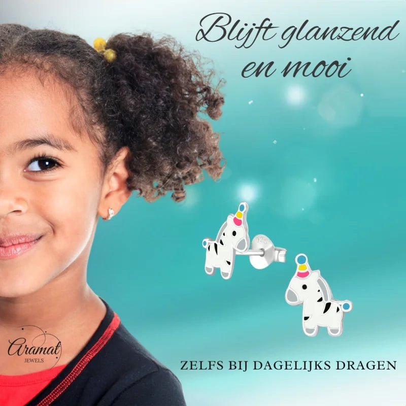 Zilveren Zebra Oorbellen - Feestmuts Emaille -